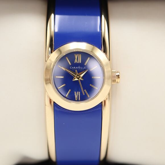 Caravelle New York Blue Gold Tone 20mm Petite Watch Cuff Working New in Box - Picture 2 of 10